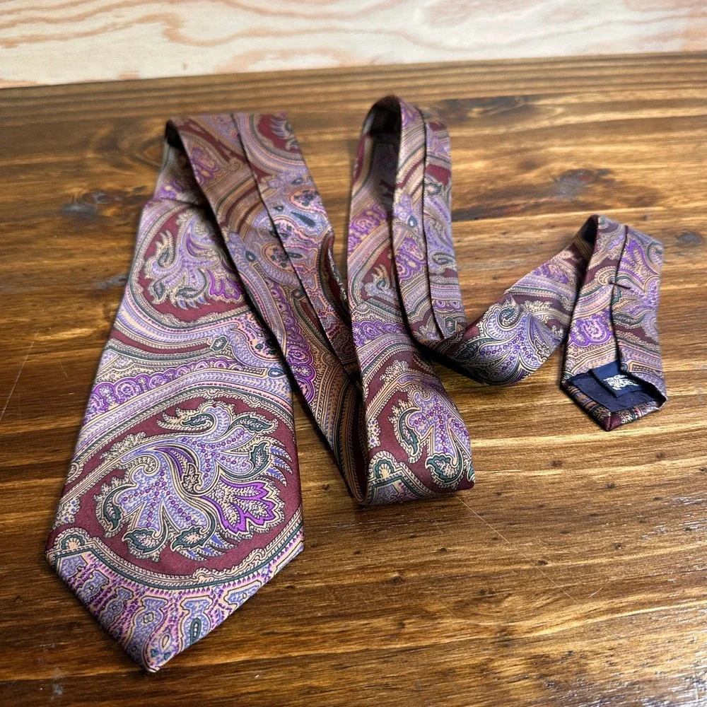 Vintage Burberry of London Silk Tie Burgundy Purple Paisley Men's Hand Sewn USA